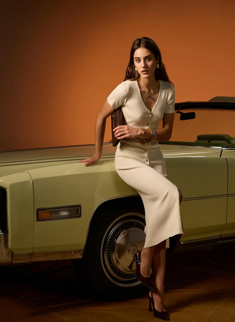 Lichi Knitted midi dress with buttons at the front and matching belt